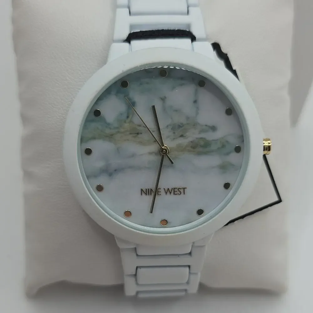 Nine West Women’s Quartz Watch White Ceramic Bracelet Marble Dial w/ Box